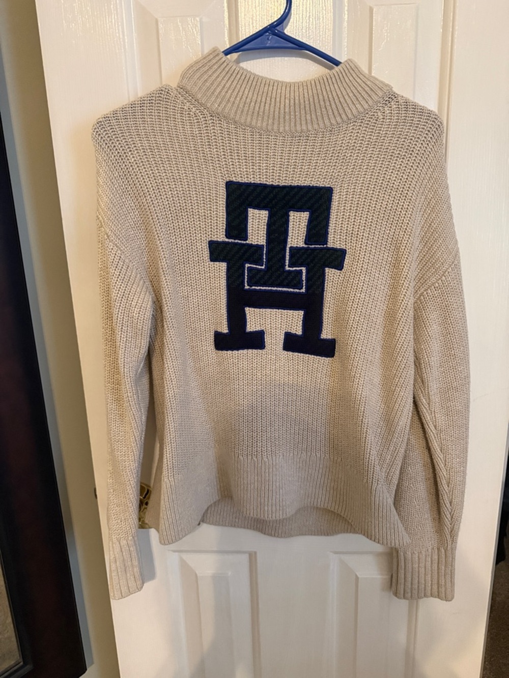 Tommy Hilfiger Cream Knit Turtleneck Sweater with Navy Logo